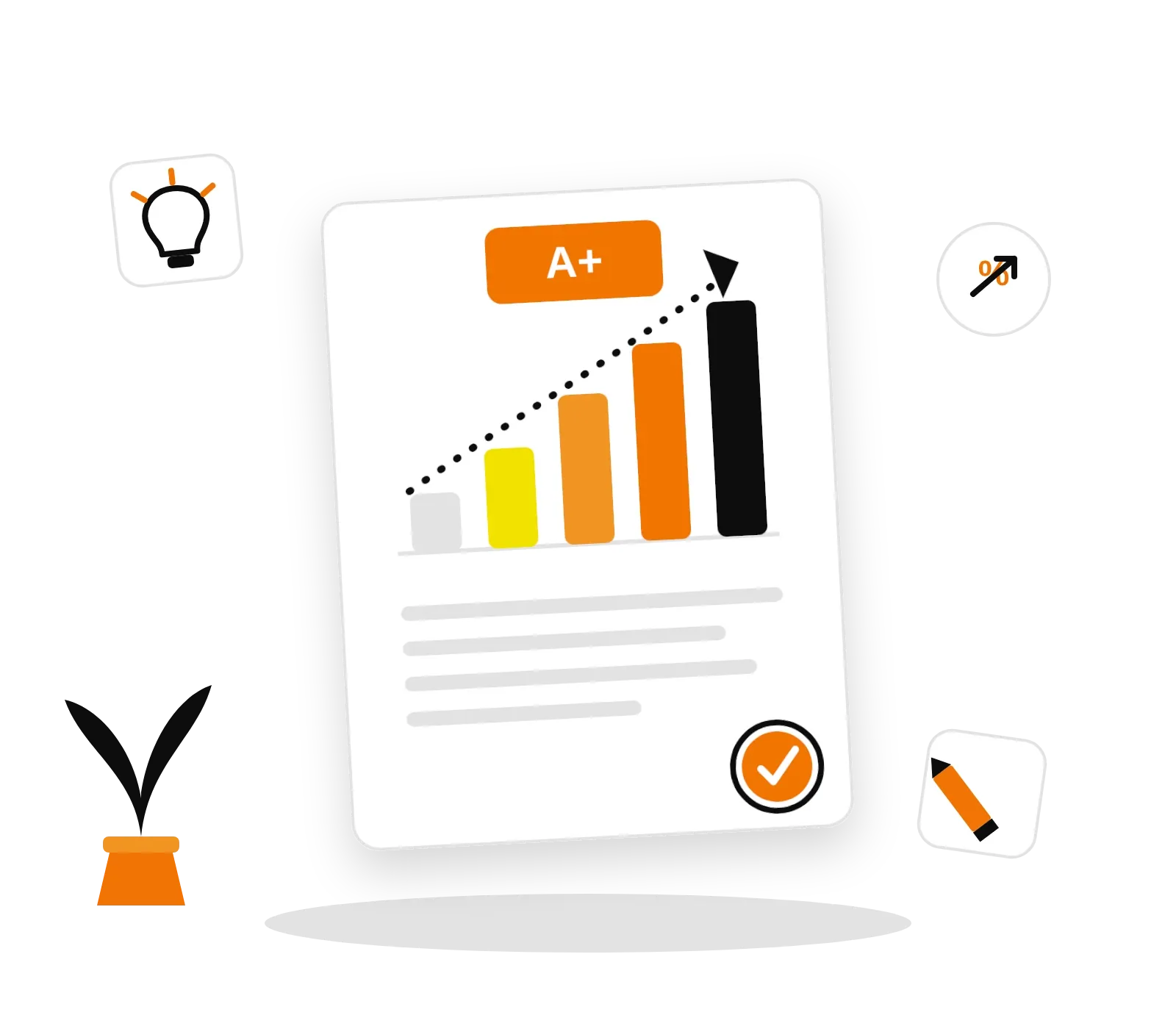Illustration of a report card with an ascending grade bar chart, an A+ badge, and a checkmark seal, showing improved student performance through tutoring